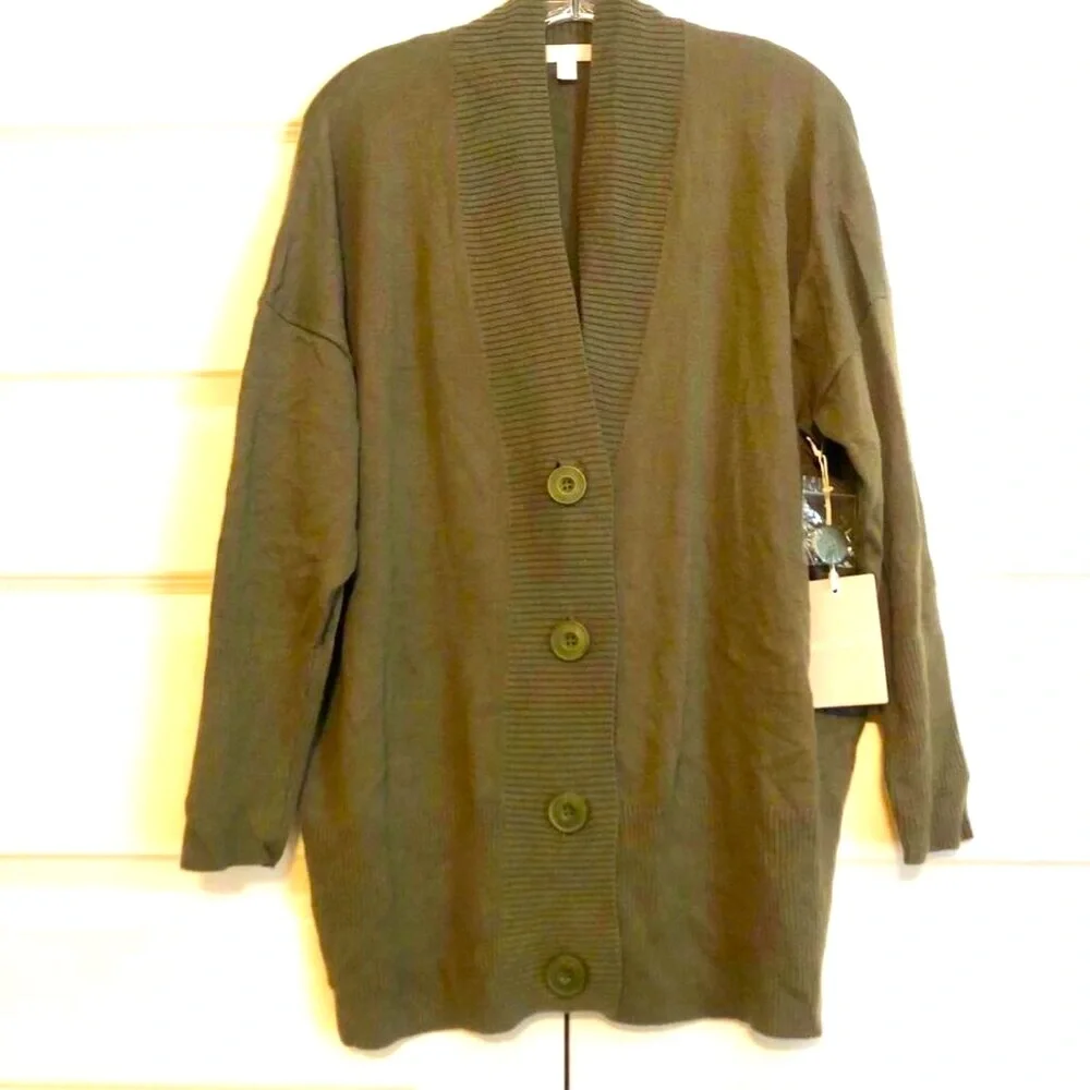 NWT CHELSEA28 Cashmere-blend Long Button Down Cardigan Sweater Olive XS